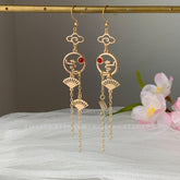 Cloud and Fan Long Drop Earrings, Japanese Fan unique earrings dangle, Cloud and Wave Earrings, Red Agate Oriental earrings